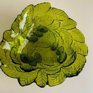 Vtg Indiana Glass Green Glass Loganberry Triangular Bowl Pressed Embossed Glass